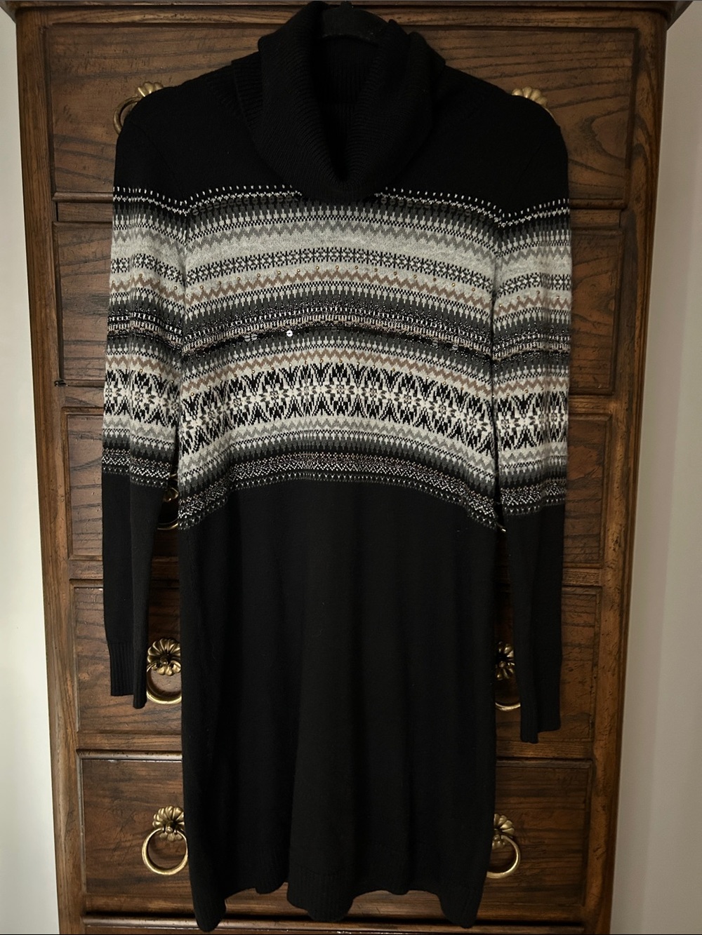 LOFT Black Cowl Neck Fair Isle Sweater Dress, Size S